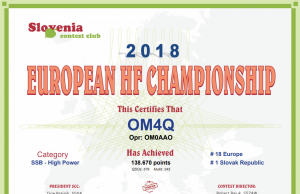 European HF Championship 2018 OM4Q certifikát