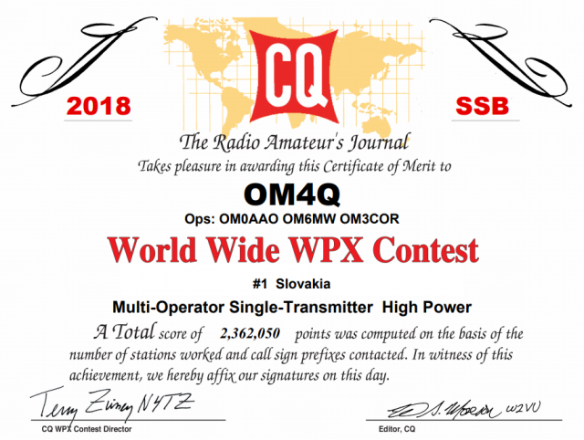CQ WPX SSB 2018 OM4 diplom