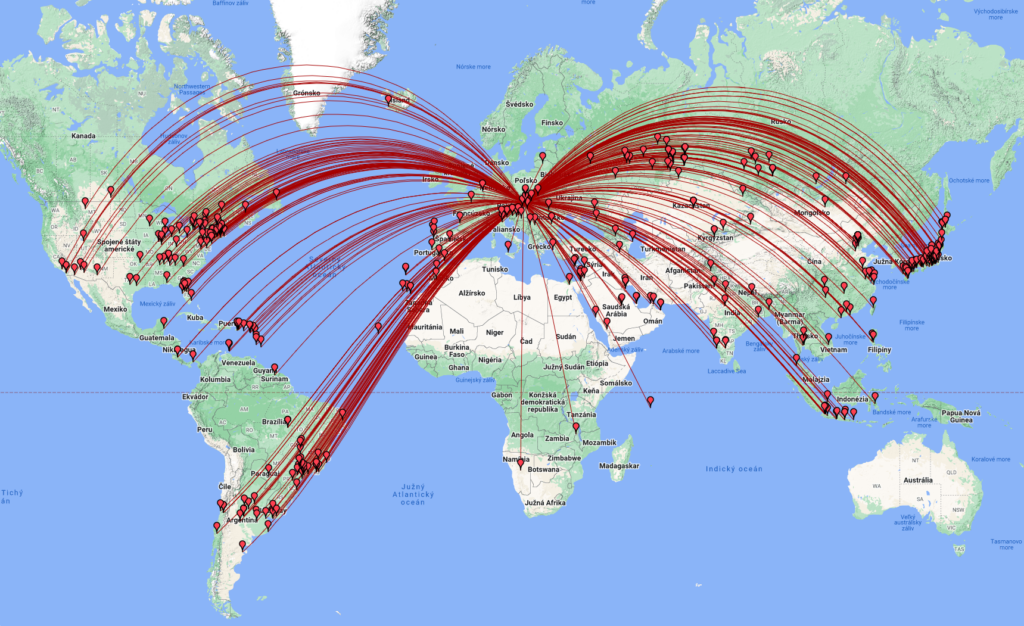 Mapa sveta s vyznačenými spojeniami v CQ WPX conteste 2024 OM0A