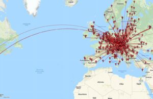 QRP-Meeting mit QRO im CQ WW DX SSB Conteste 2021 Mapa spojení OM0A v CQ WW DX SSB Contest-e 2021
