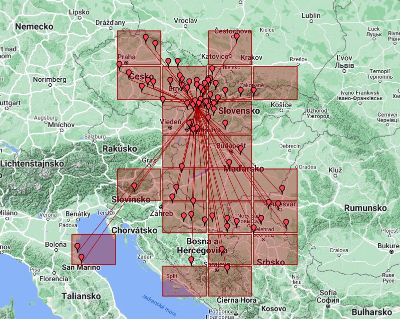 Mapa lokátorů VKVPA červen 2022