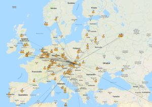 Un mapa localizador de Europa a través de conexiones de QO-100 OM0AAO